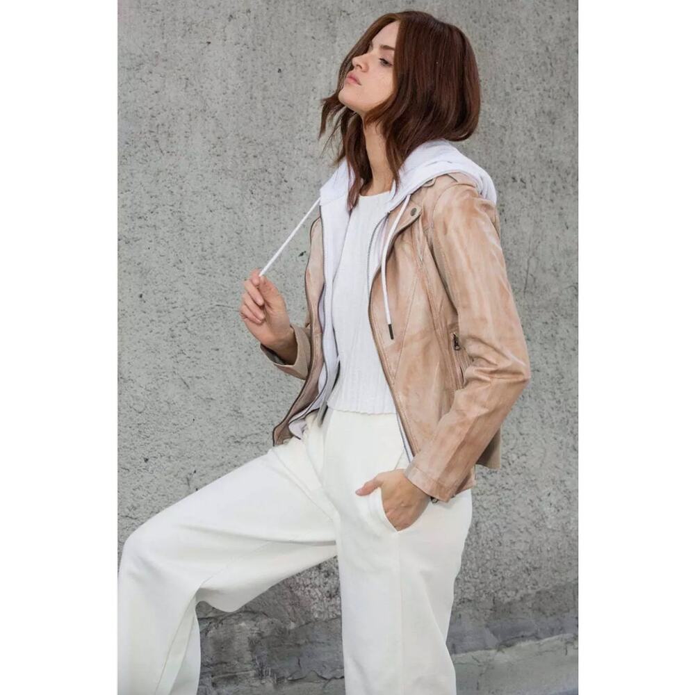 Jakett‎ Hannah Patina Leather Jacket With White Hood